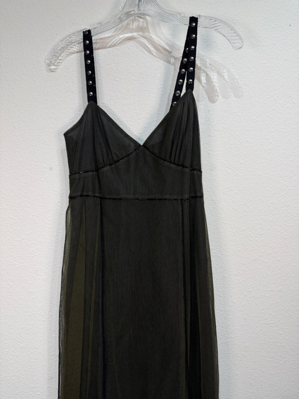 Vera Wang Olive Green Maxi Dress with Studded Black Straps size 6 polyester/silk - Picture 5 of 13